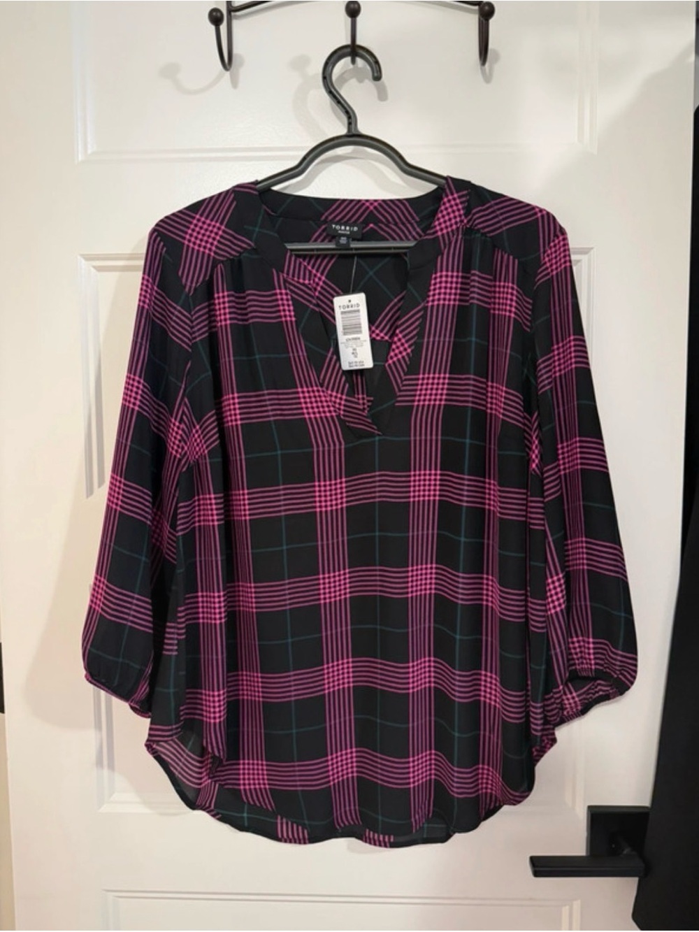torrid Black and Hot Pink Plaid V-Neck Blouse
